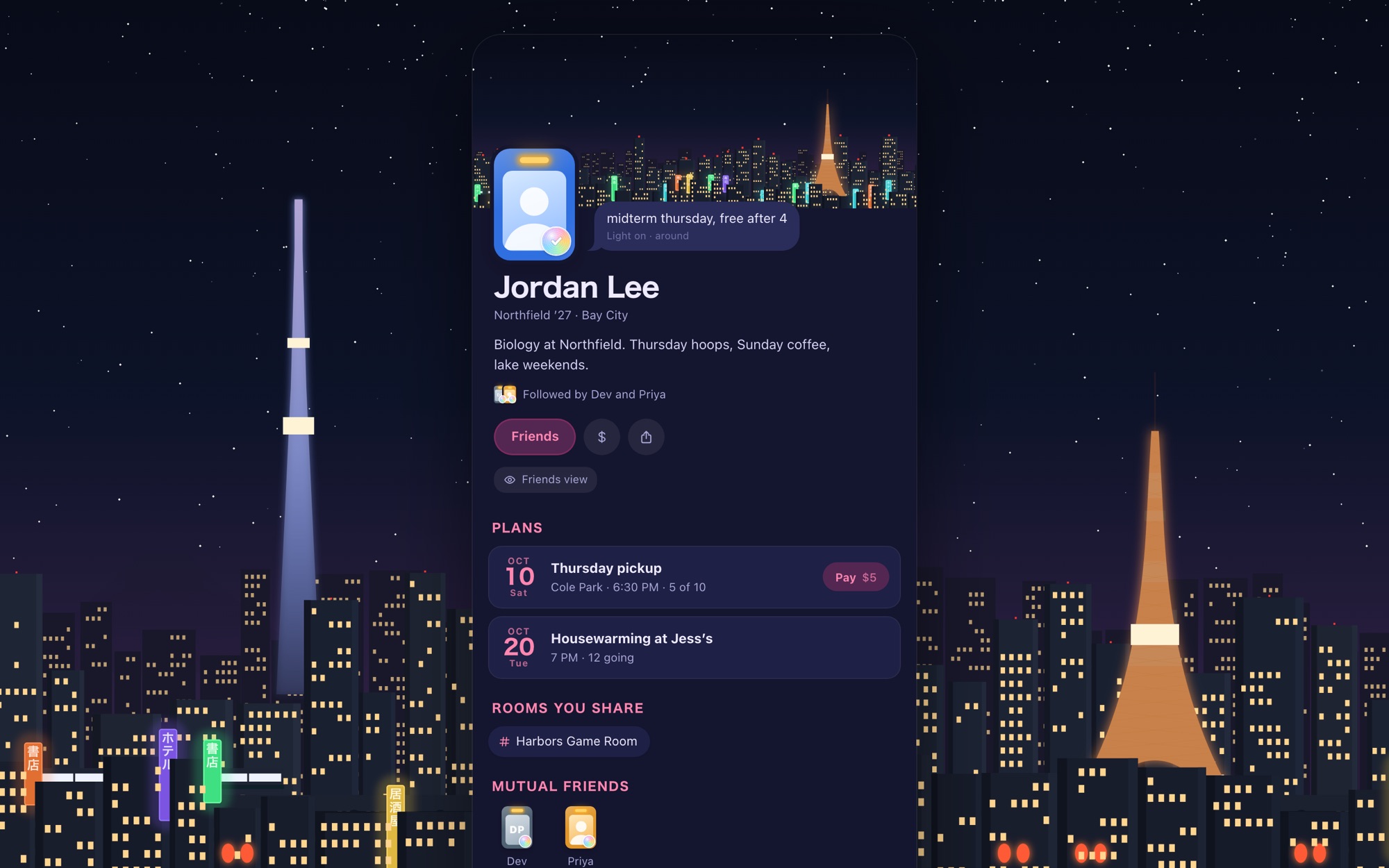 A page in the Tokyo theme at night