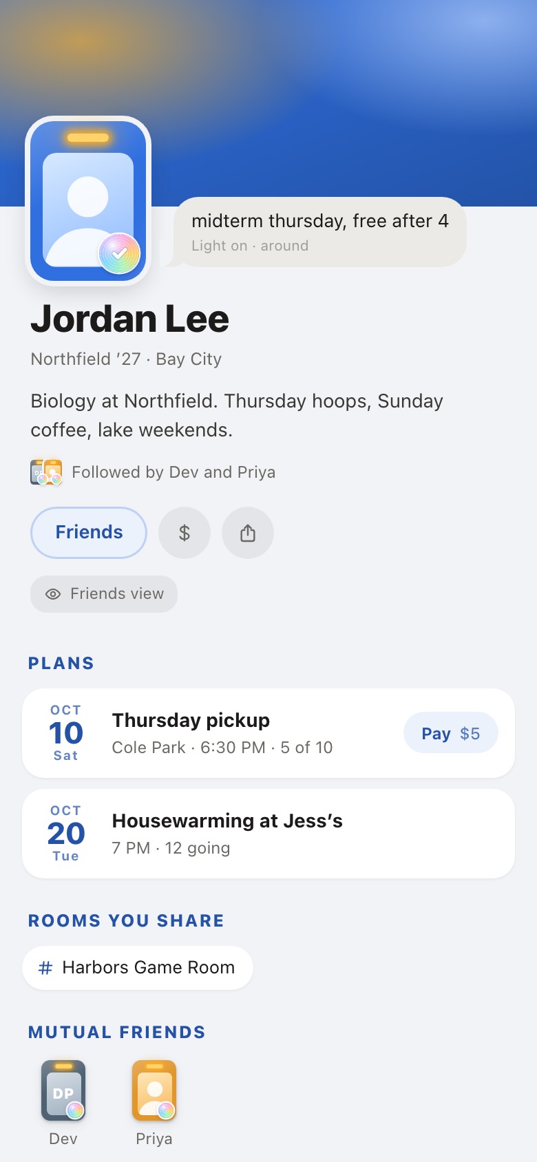 A personal page: plans, rooms you share and mutual friends