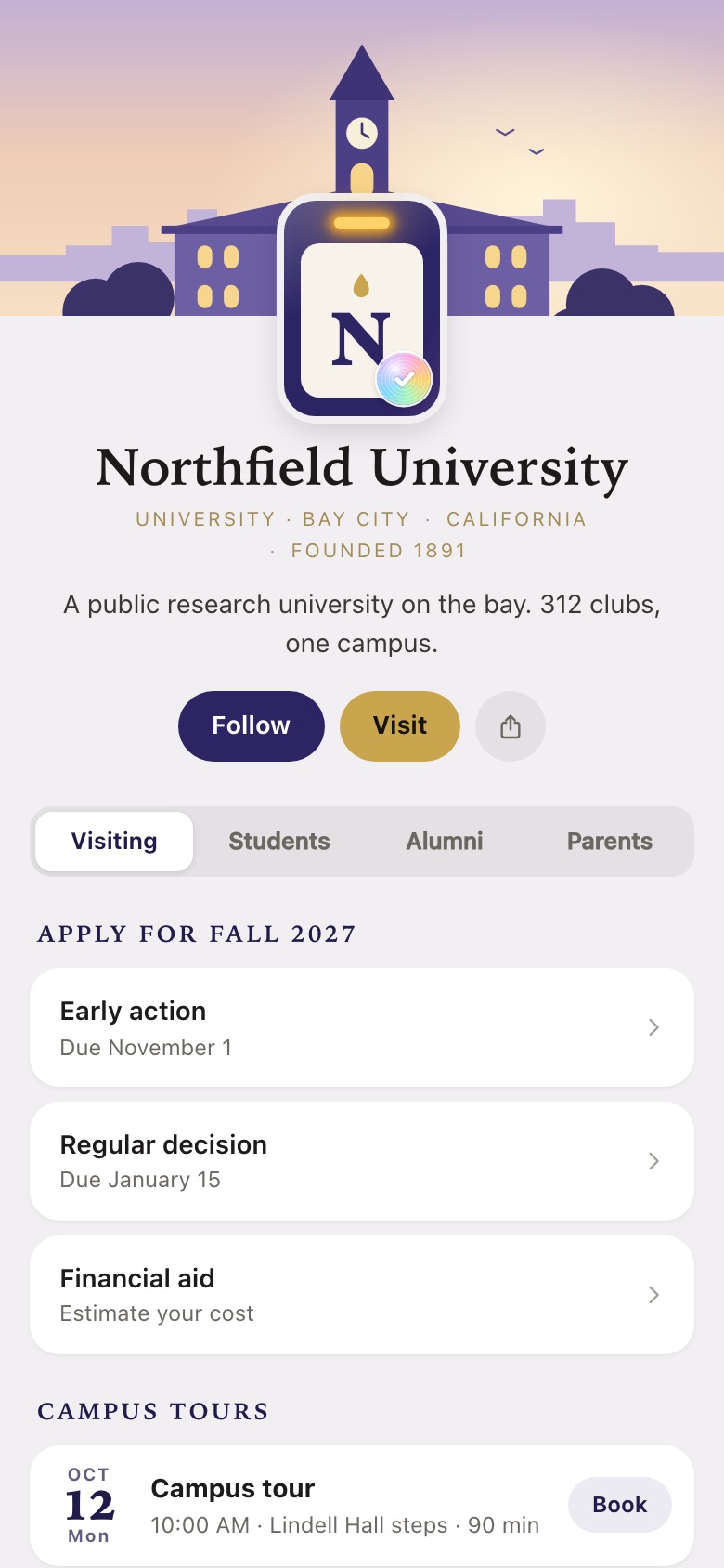 A university’s page with tabs for visitors, students, alumni and parents