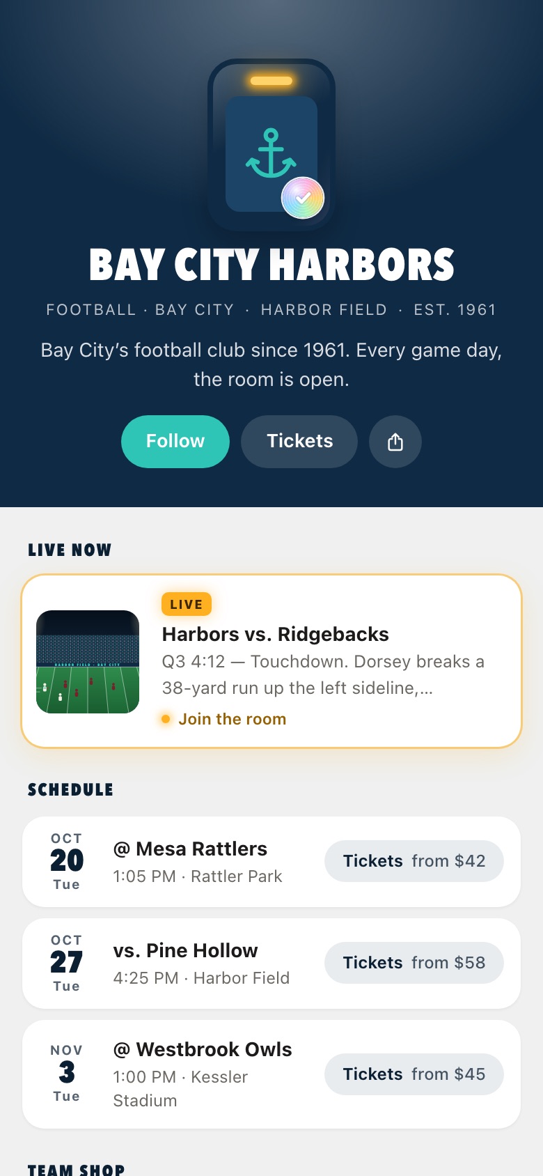 A team’s page: a live game, the schedule and tickets