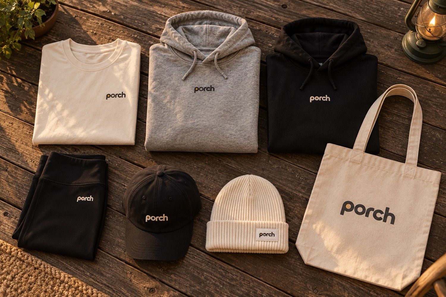 The whole drop laid out on porch boards: the tee, both hoodies, the legging, the cap, the beanie and the tote