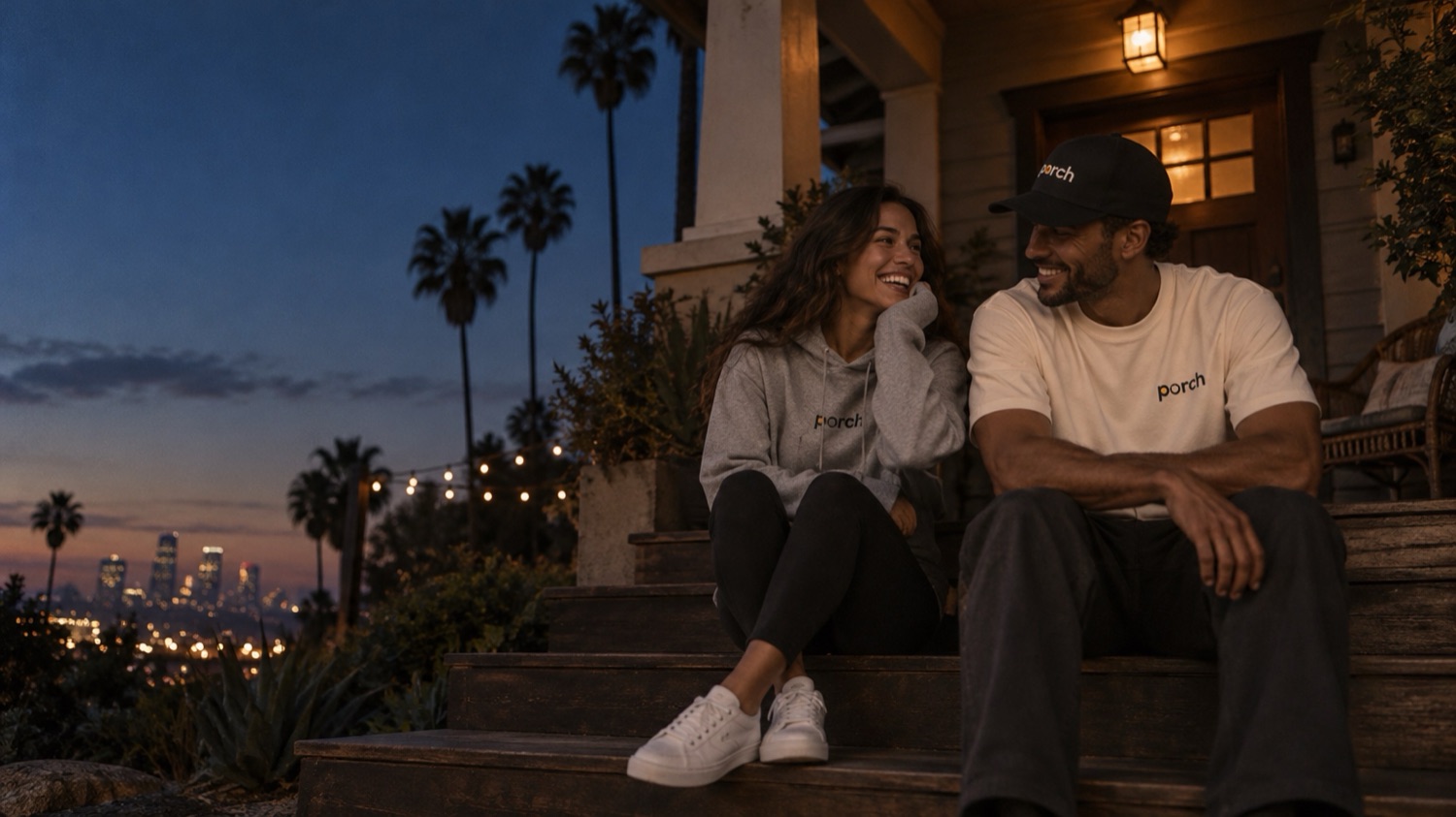 Two friends on a porch at night in the Porch Light collection