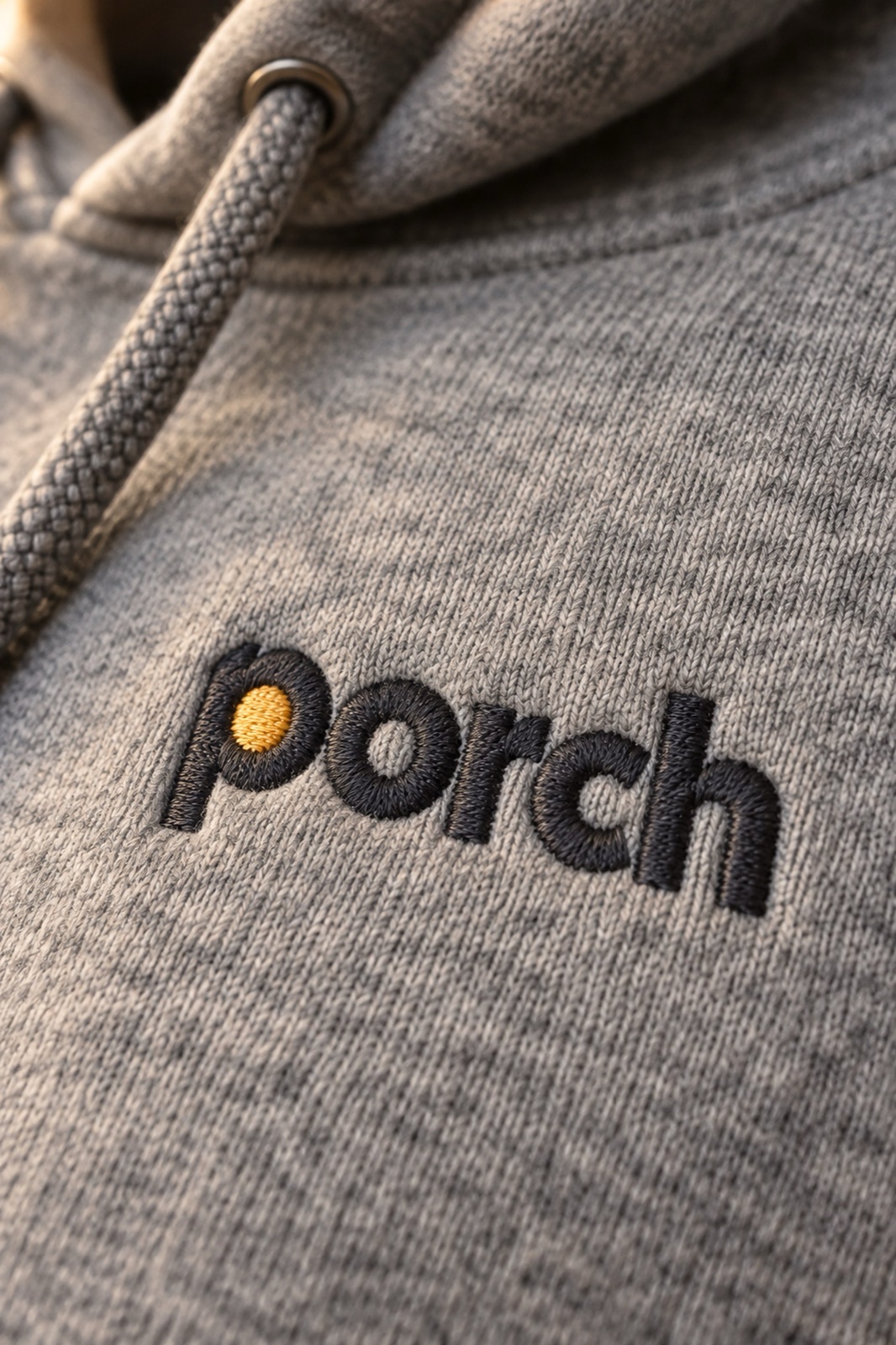The wordmark on the Heather hoodie